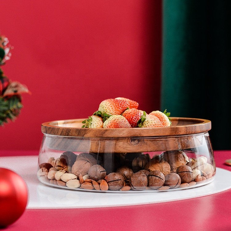 Glass Candy Nuts Serving Container Wooden Lid Fresh Food Storage Platter Snack Tray Bread Plate Salad Fruit Vegetable Tray Dry