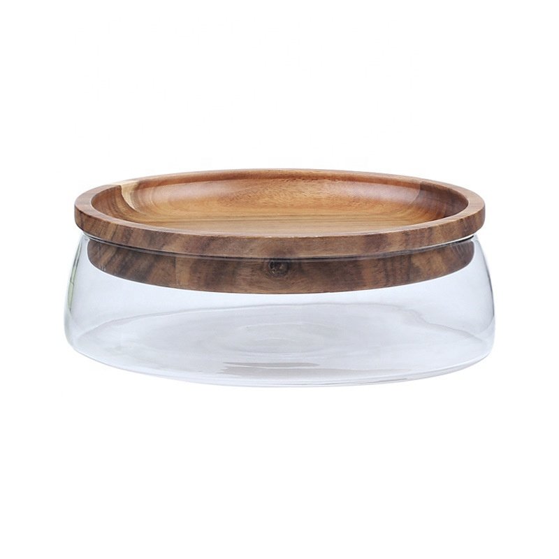 Glass Candy Nuts Serving Container Wooden Lid Fresh Food Storage Platter Snack Tray Bread Plate Salad Fruit Vegetable Tray Dry