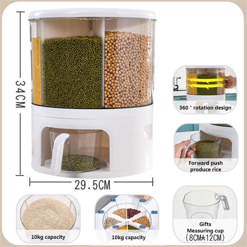 Rice Dispenser 360 degrees Rotation Dry Food Storage Box 10kg Plastic Storage Container Cereal Dispenser