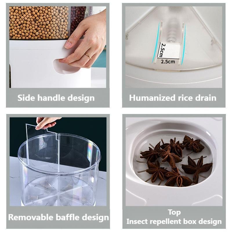Rice Dispenser 360 degrees Rotation Dry Food Storage Box 10kg Plastic Storage Container Cereal Dispenser