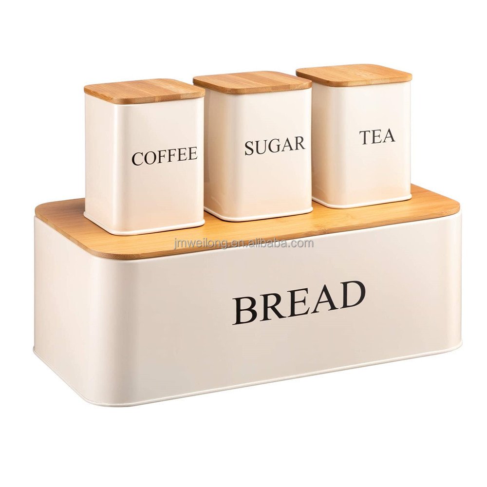 Galvanized Kitchen Metal Bread Bin Set Food Storage Bin Container Vintage Loaf Bread Storage Box with bamboo cover