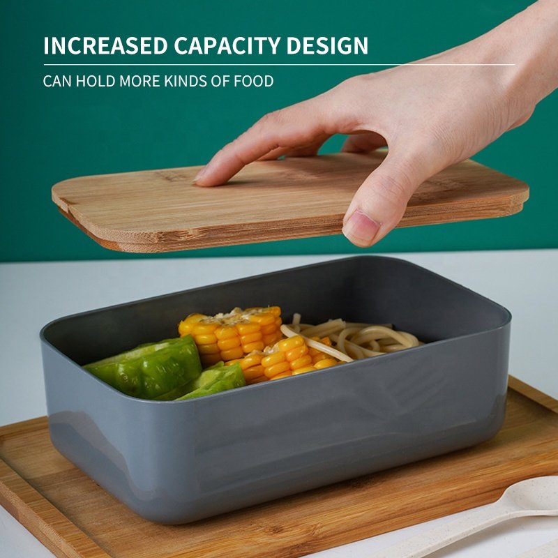 Hot Portable Leakproof Wooden Office Bento Box Bamboo Lid Fiber Plastic Lunch Box With Cutlery For Adults