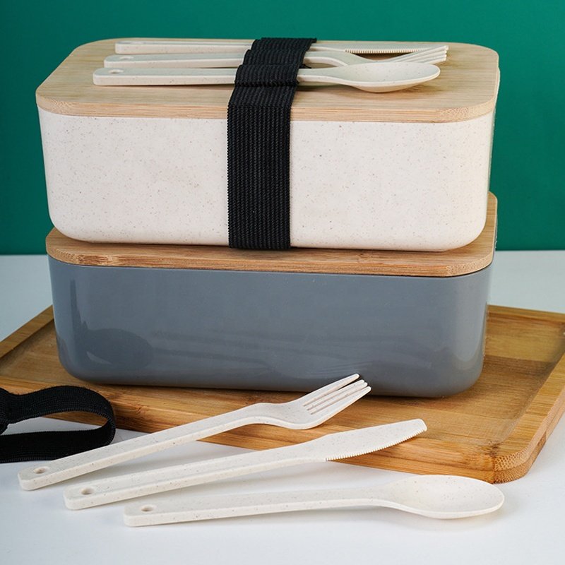 Hot Portable Leakproof Wooden Office Bento Box Bamboo Lid Fiber Plastic Lunch Box With Cutlery For Adults