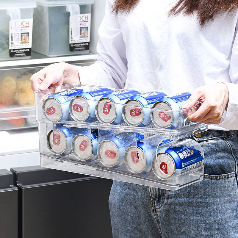 2-Tier Automatic Rolling Fridge Bin Organizer Fresh Rectangle Shape Beverage Beer Pop Soda Can Dispenser Home Use Stocked