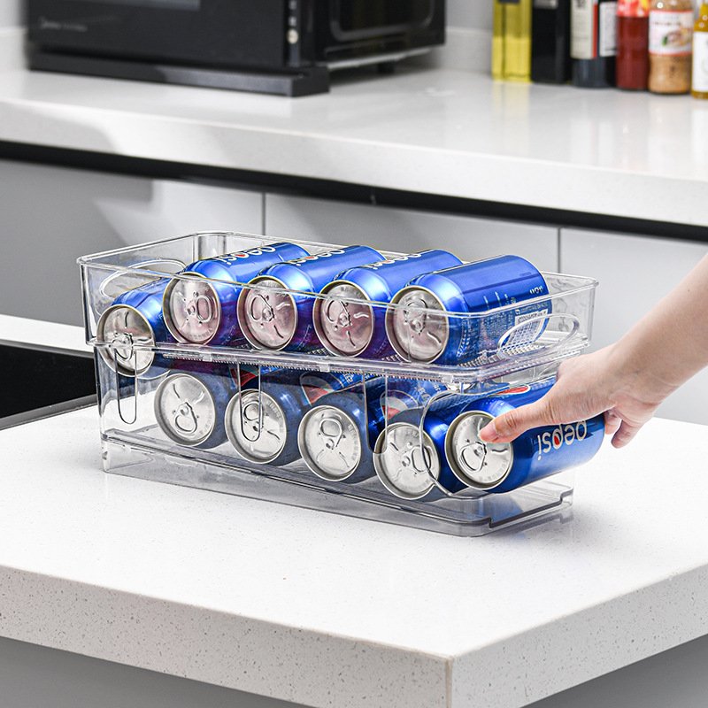 2-Tier Automatic Rolling Fridge Bin Organizer Fresh Rectangle Shape Beverage Beer Pop Soda Can Dispenser Home Use Stocked