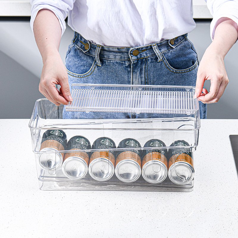 2-Tier Automatic Rolling Fridge Bin Organizer Fresh Rectangle Shape Beverage Beer Pop Soda Can Dispenser Home Use Stocked