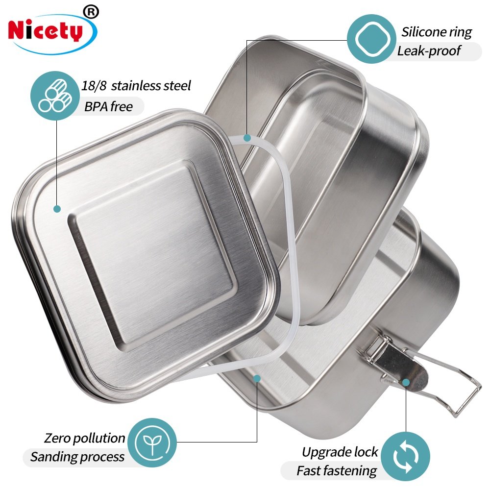 Customizable Food Grade Quadrate Lunch Box Stainless Steel Bento Lunch Box Stackable Food Container With Lock Leakproof