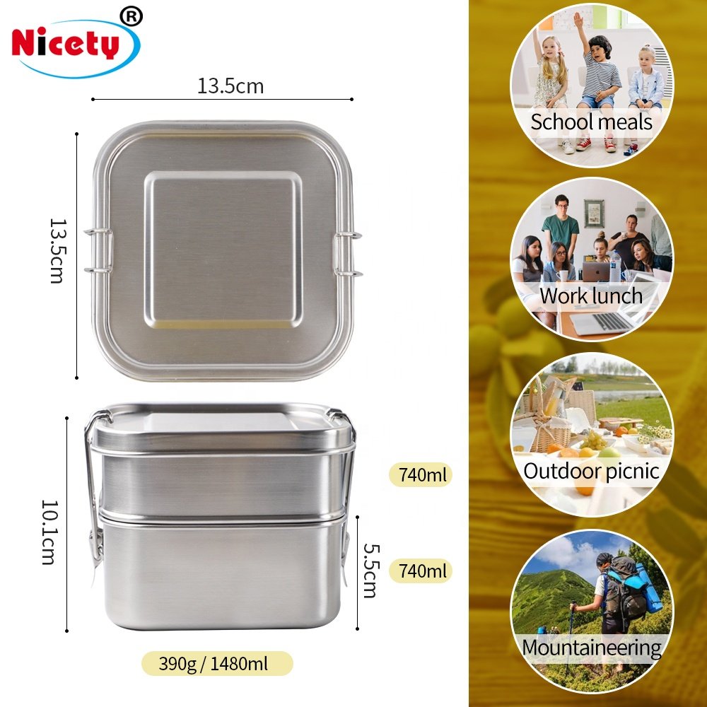 Customizable Food Grade Quadrate Lunch Box Stainless Steel Bento Lunch Box Stackable Food Container With Lock Leakproof