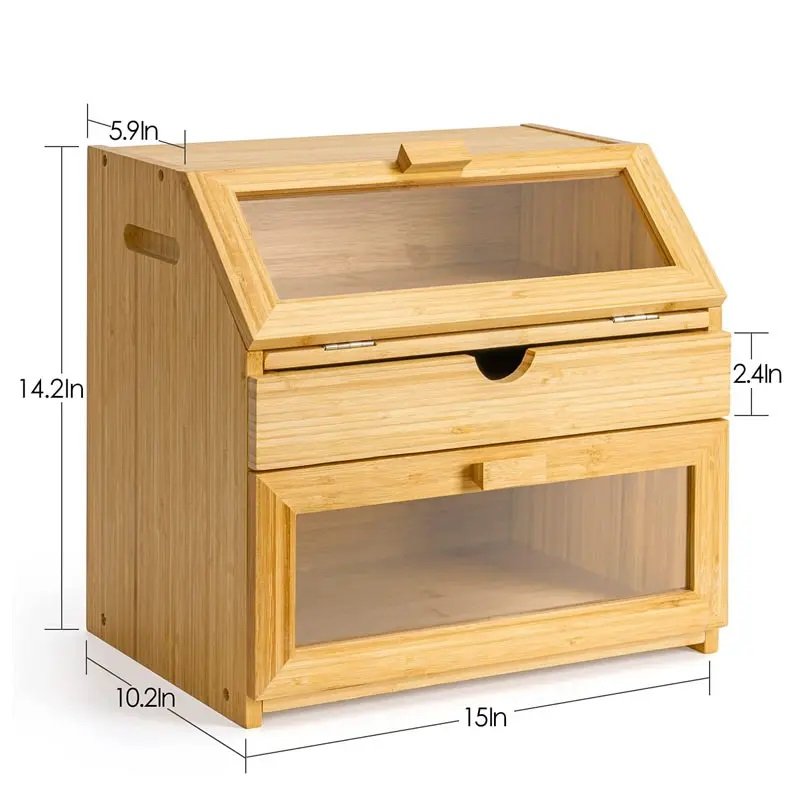Wholesale 2 tier novel design hot sale competitive price bamboo bread storage box with drawer
