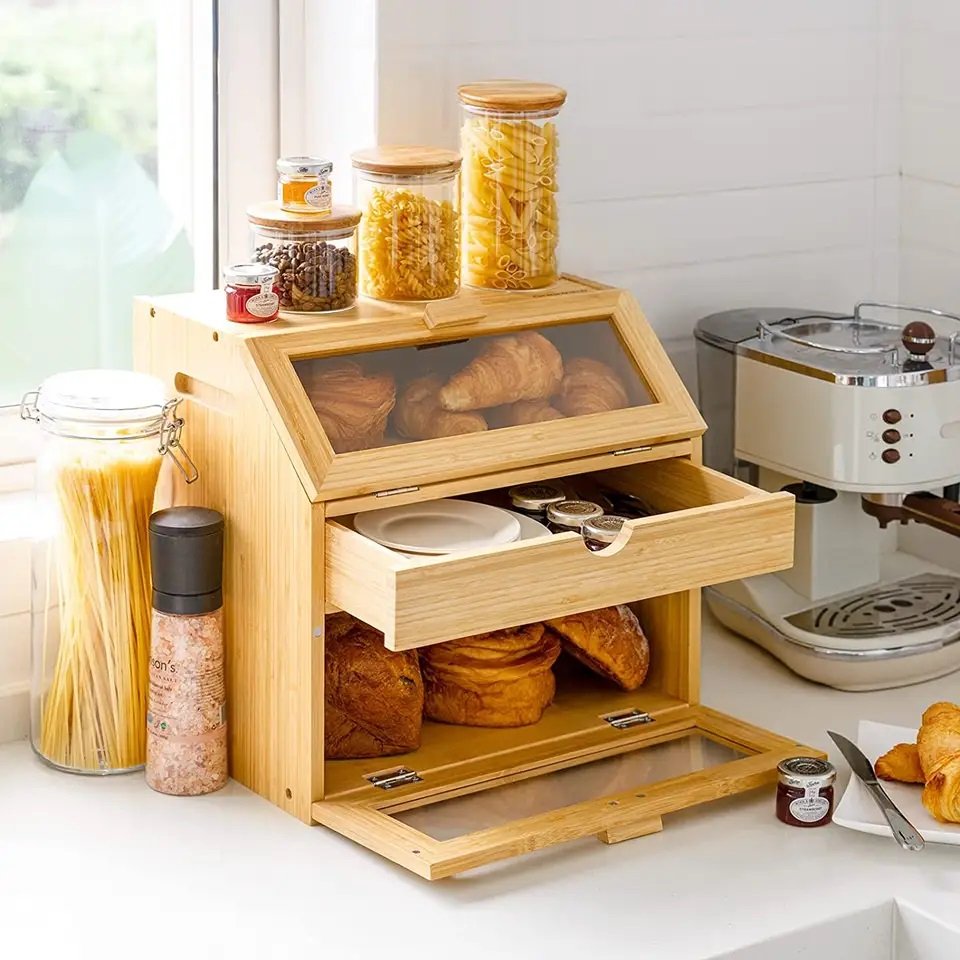 Wholesale 2 tier novel design hot sale competitive price bamboo bread storage box with drawer