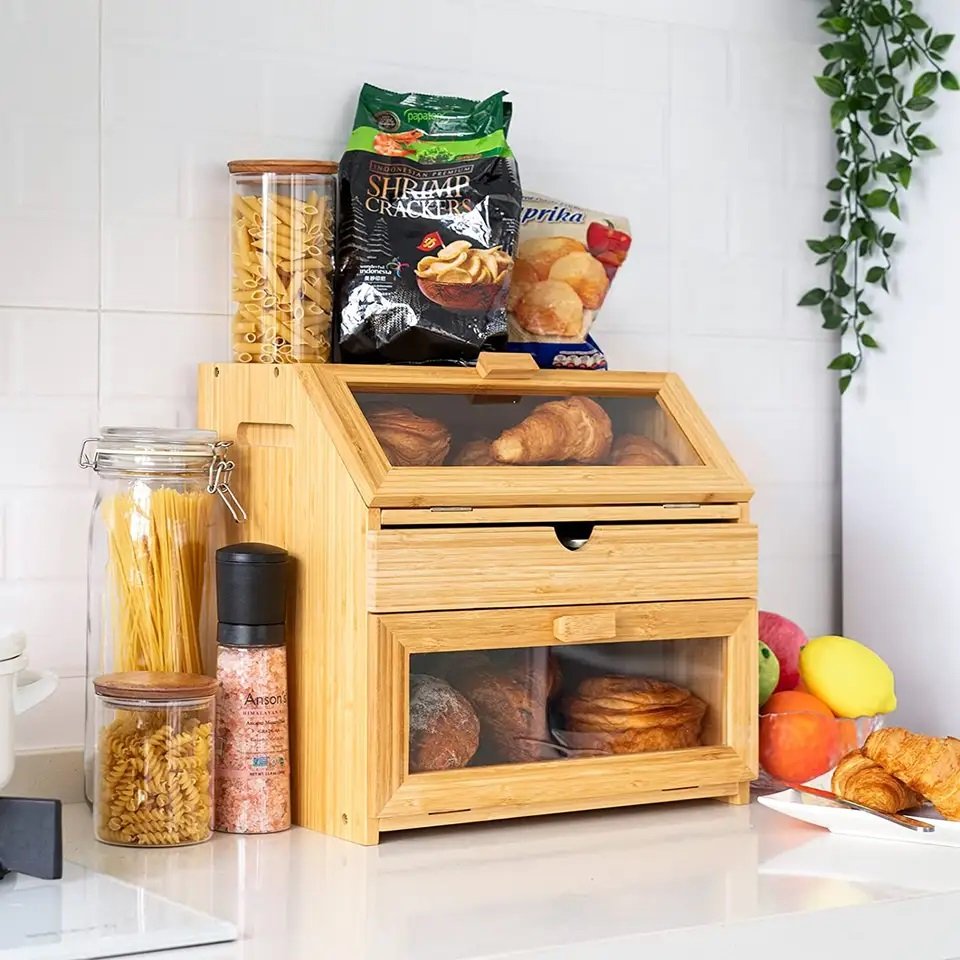 Wholesale 2 tier novel design hot sale competitive price bamboo bread storage box with drawer