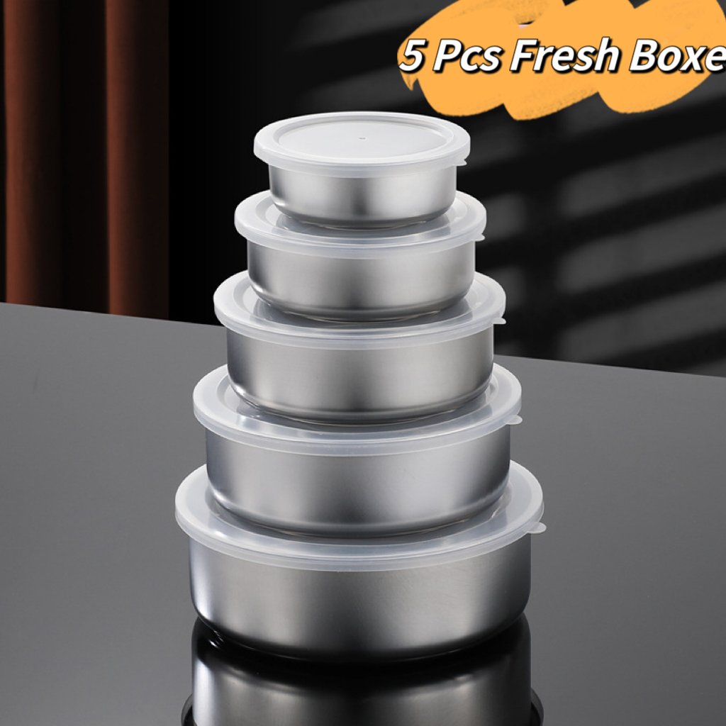 509g Stainless steel thickened crisper five-piece food storage container round Shape with PP cover