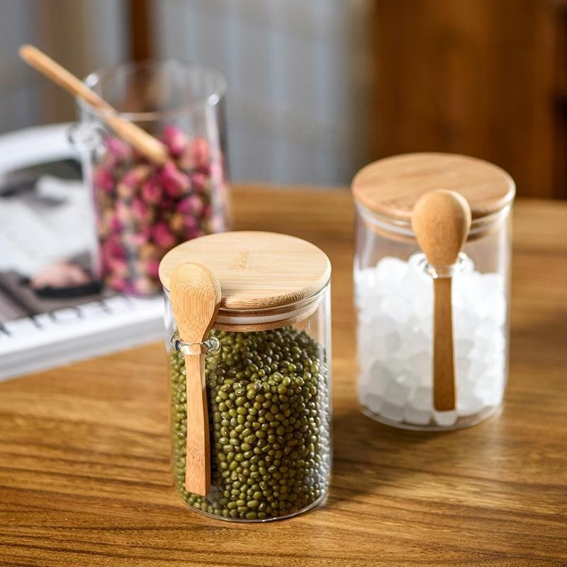 Food Container with Wooden Spoon Kitchen Canisters Bamboo Lids Food Storage Jar Coffee Bean Storage Tank Jar