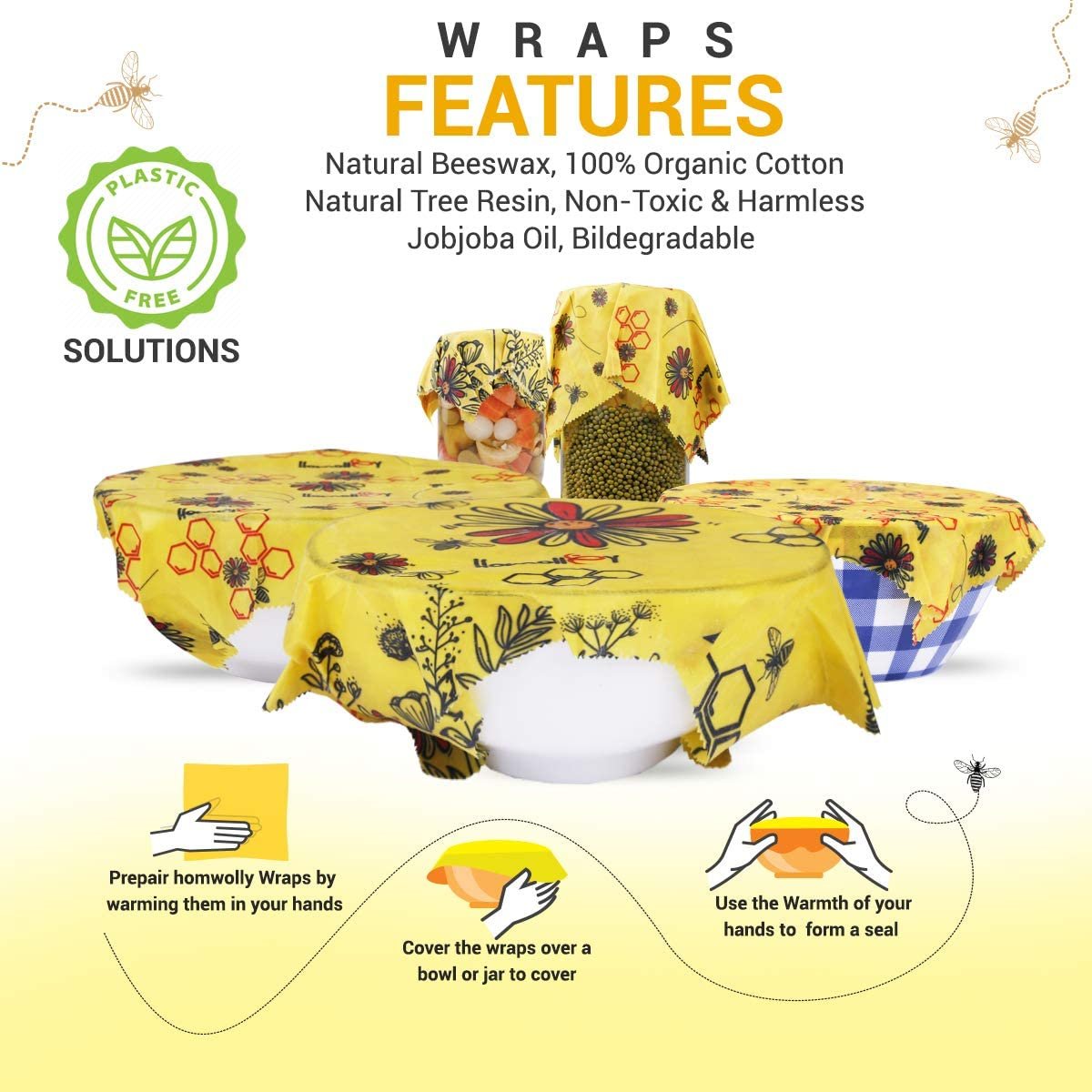 Reusable Beeswax Food Wrap Eco Friendly Organic Bees Wax Food Storage Wrappers