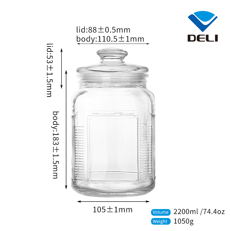 Fashion Style 2.2L 74.4oz Pickle Airtight Custom Clear Glassware honey Food Storage Jar with Ripple