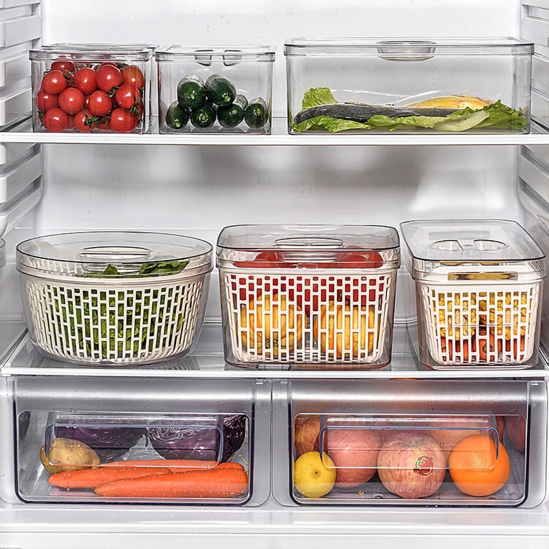 Multiple Transparent Fridge Vegetable Fruit Food Storage Container Basket with Removable Colanders