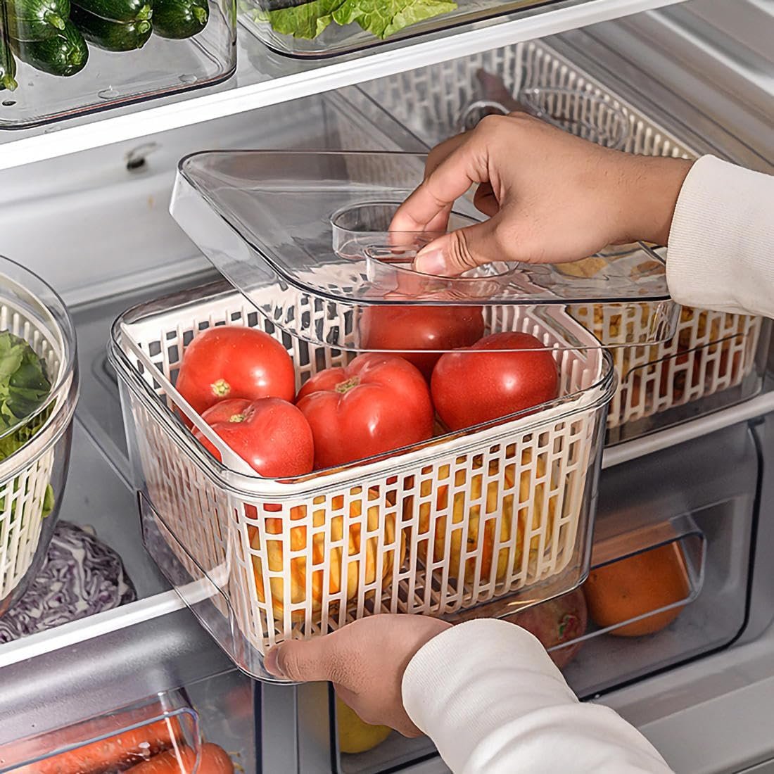 Multiple Transparent Fridge Vegetable Fruit Food Storage Container Basket with Removable Colanders