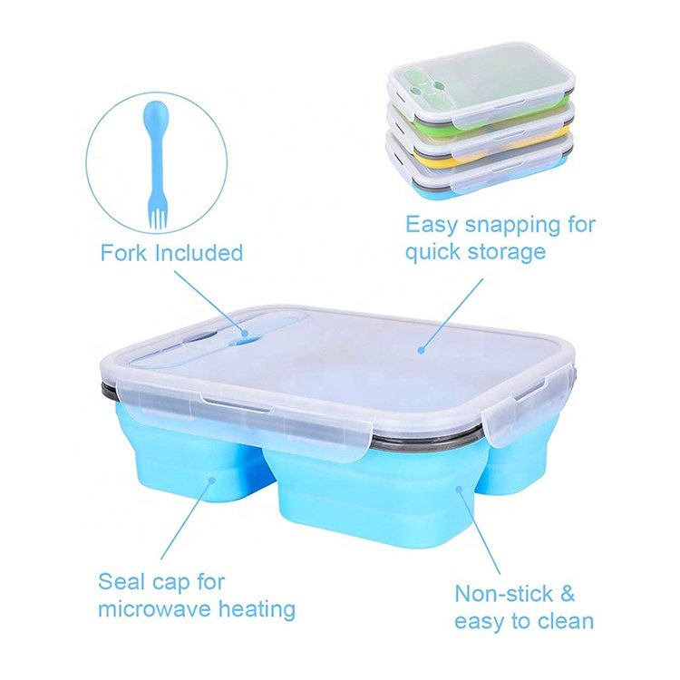 3 compartment silicone folding lunch box collapsible lunch box silicon lunch box