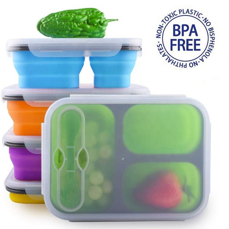 3 compartment silicone folding lunch box collapsible lunch box silicon lunch box