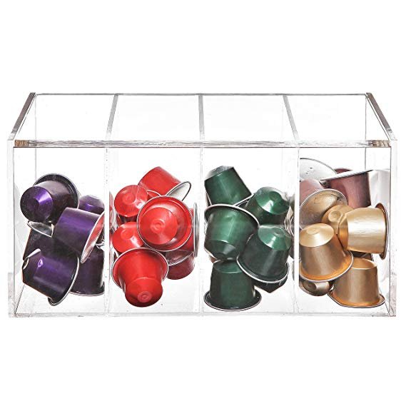 Deluxe Clear Acrylic 4 Compartment Hinge Lid Capsule Holder/Tea Bag Organizer Storage Box