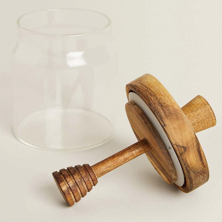 Beautiful Custom Wedding Favors Wood Lid 500ml 16oz Food Jam Honey Glass Storage Container Pot Bottle Jar with Wooden Dipper