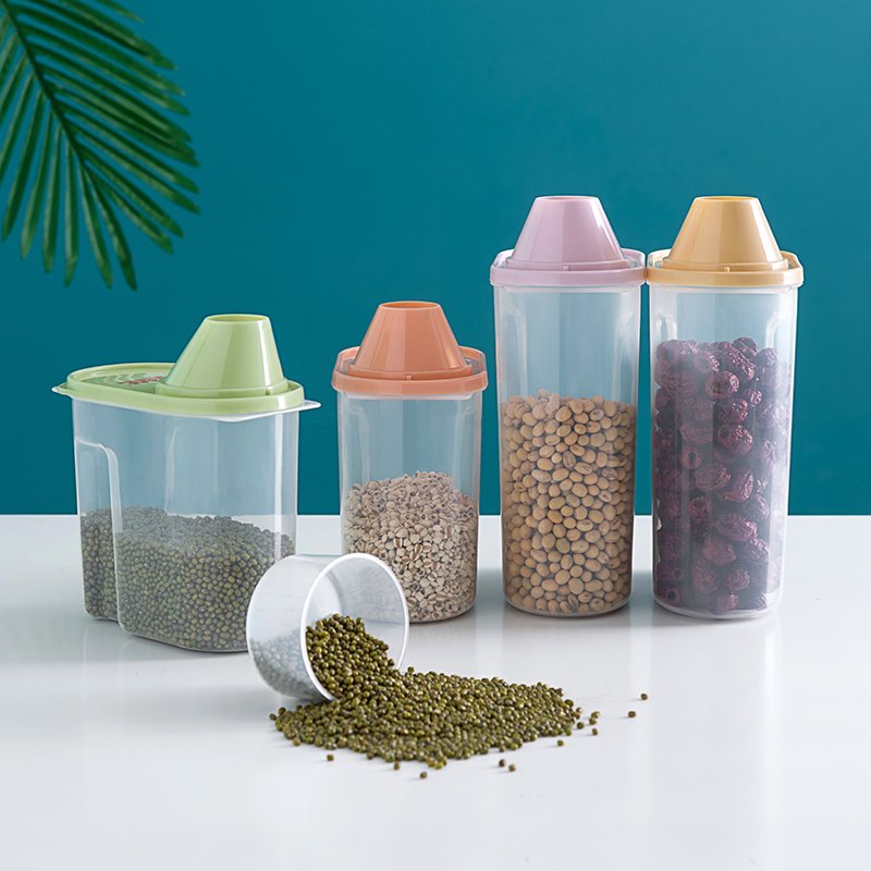 BPA Free Clear Pantry Organization Kitchen Rice Dispenser Grain Flour Plastic Food Storage Container With Measuring Cup