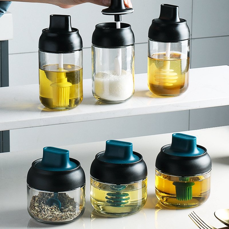 Glass Storage Jars Pepper Seasoning Bottles Oil Honey Pot Spices Can With Spoon Brush Sauce Container Salt Tank Kitchen Supplies
