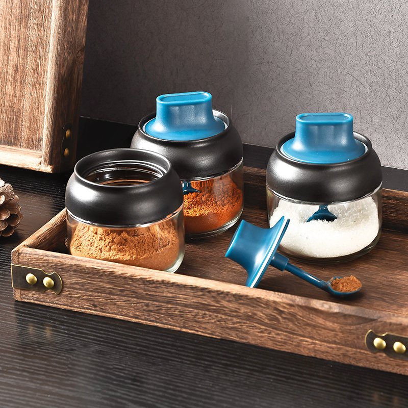 Glass Storage Jars Pepper Seasoning Bottles Oil Honey Pot Spices Can With Spoon Brush Sauce Container Salt Tank Kitchen Supplies