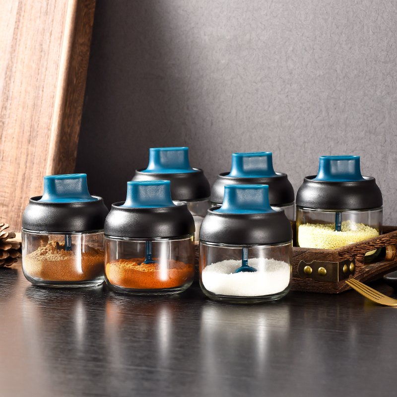 Glass Storage Jars Pepper Seasoning Bottles Oil Honey Pot Spices Can With Spoon Brush Sauce Container Salt Tank Kitchen Supplies