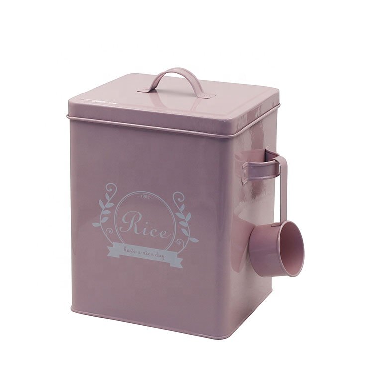 Square Galvanized Metal Food Rice Storage Container Square Rice Canister with Lid Scoop Countertop Sealed Food Storage Container