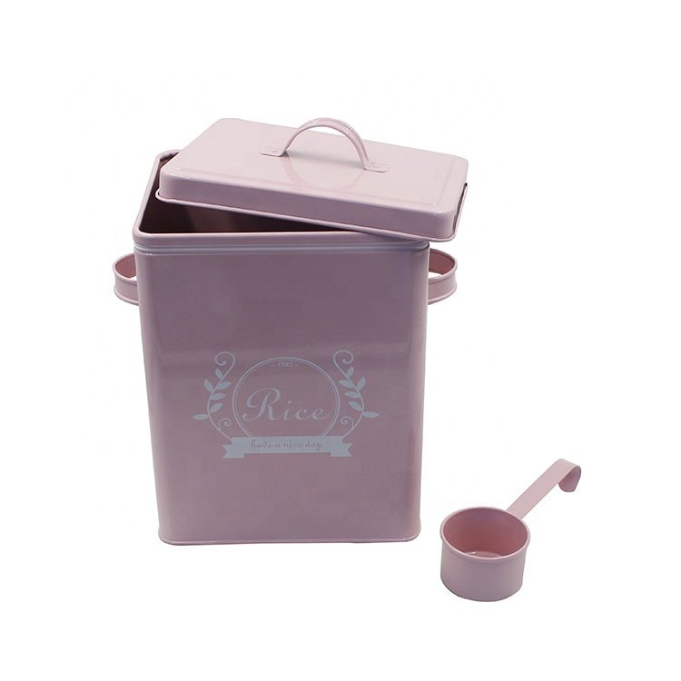Square Galvanized Metal Food Rice Storage Container Square Rice Canister with Lid Scoop Countertop Sealed Food Storage Container