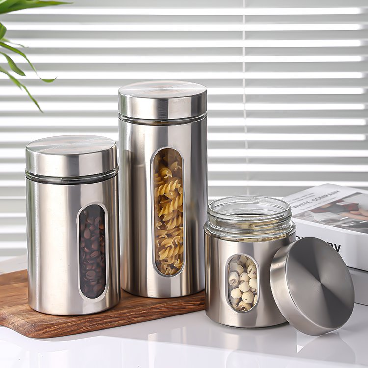 Hot Sale 600ml 950ml 1300ml 1800ml Large Stainless Steel Food Storage Jar Kitchen Cereal Glass Container Coffee Tea Canister