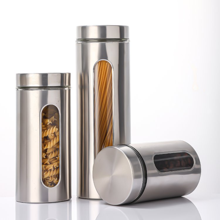 Hot Sale 600ml 950ml 1300ml 1800ml Large Stainless Steel Food Storage Jar Kitchen Cereal Glass Container Coffee Tea Canister