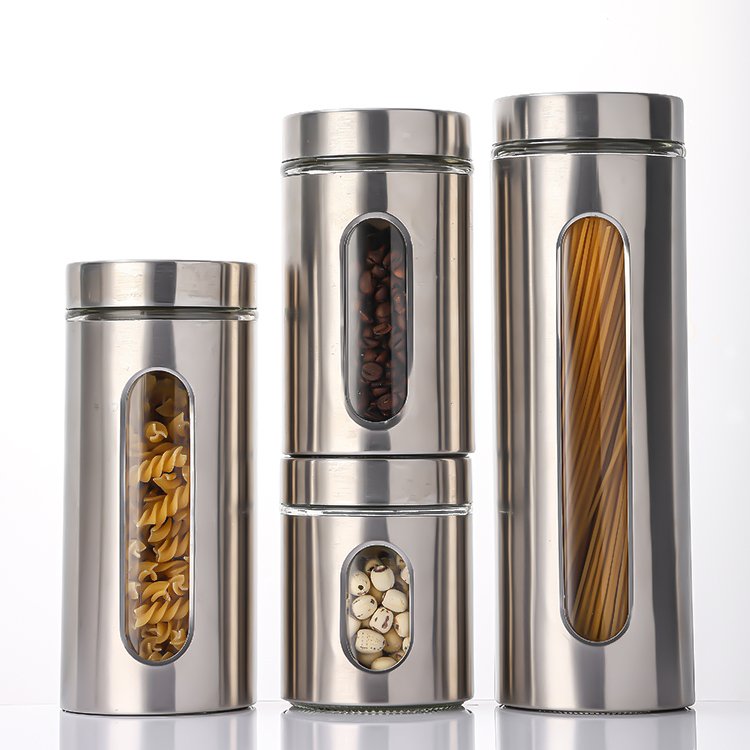 Hot Sale 600ml 950ml 1300ml 1800ml Large Stainless Steel Food Storage Jar Kitchen Cereal Glass Container Coffee Tea Canister
