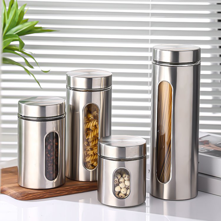 Hot Sale 600ml 950ml 1300ml 1800ml Large Stainless Steel Food Storage Jar Kitchen Cereal Glass Container Coffee Tea Canister