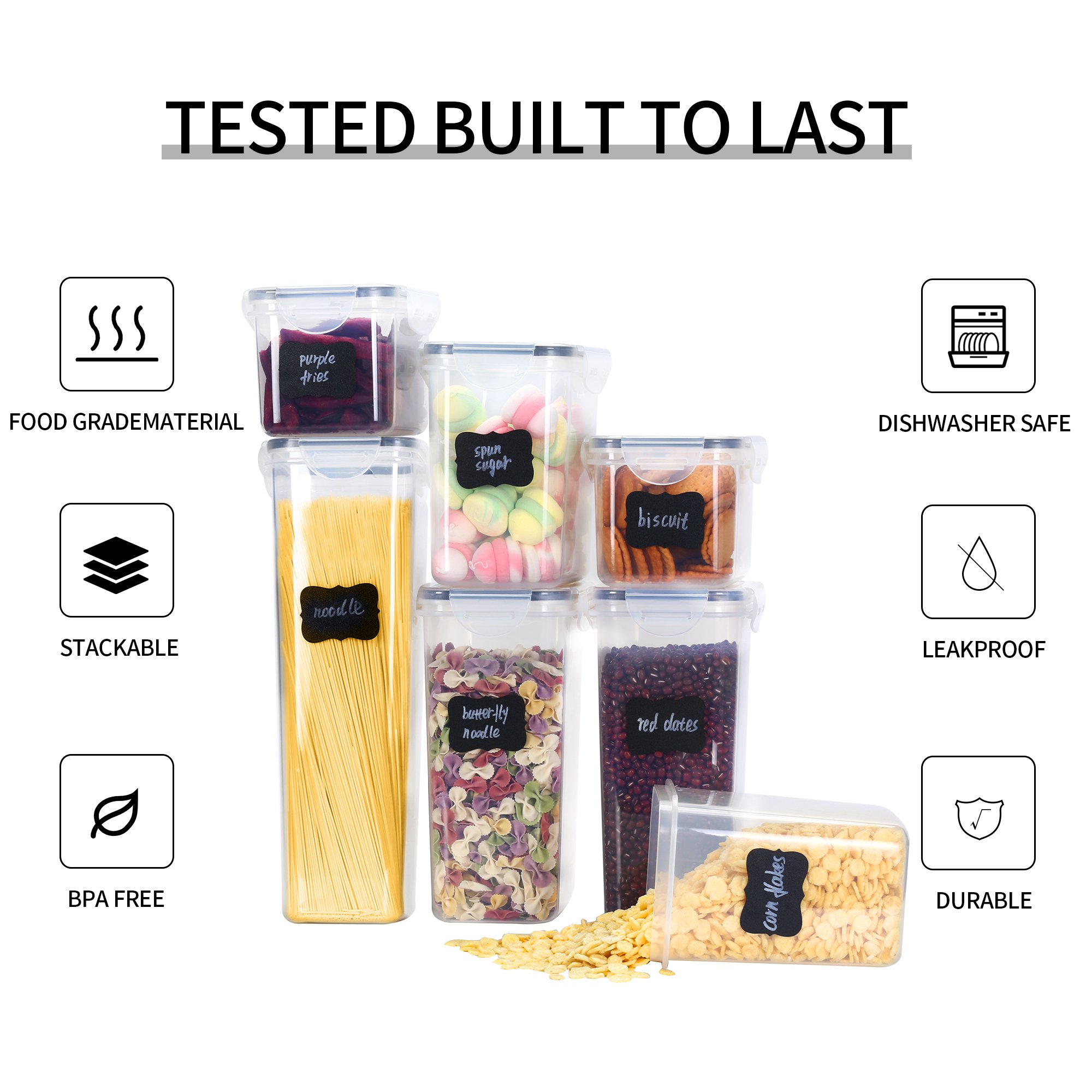 Kitchen pantry 7 pcs dry cereal rice nut sugar storage crisper box stackable airtight plastic food container set with snap lock