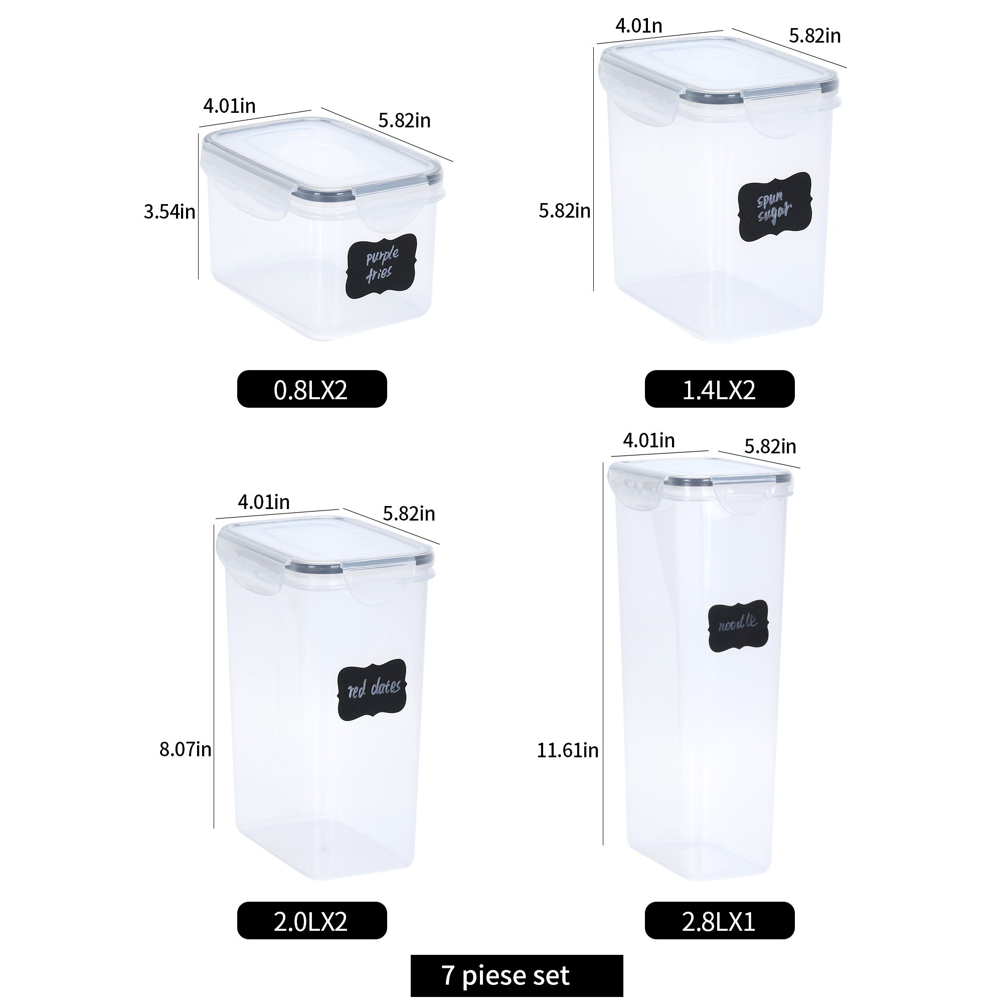 Kitchen pantry 7 pcs dry cereal rice nut sugar storage crisper box stackable airtight plastic food container set with snap lock