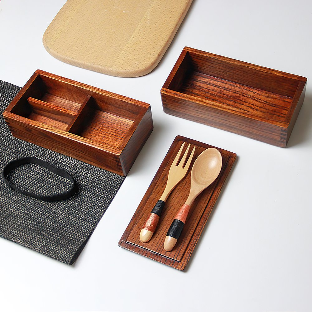 Wooden Japanese Bento Lunch Box with Fork and Spoon Set Food Storage Container for Kids and Adult