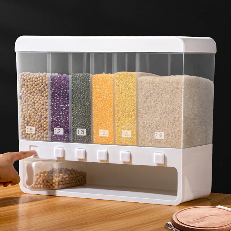 Kitchen 6-girds Dry Food Lentils Dispensers Containers Multipurpose Sealed Grain Rice Dispenser Cereal Bucket Storage Box