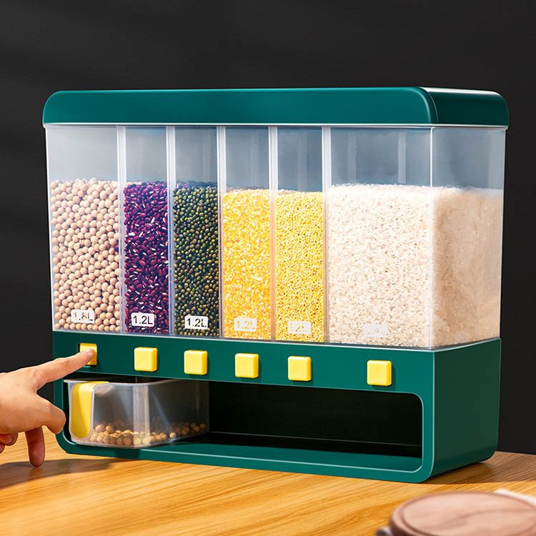 Kitchen 6-girds Dry Food Lentils Dispensers Containers Multipurpose Sealed Grain Rice Dispenser Cereal Bucket Storage Box