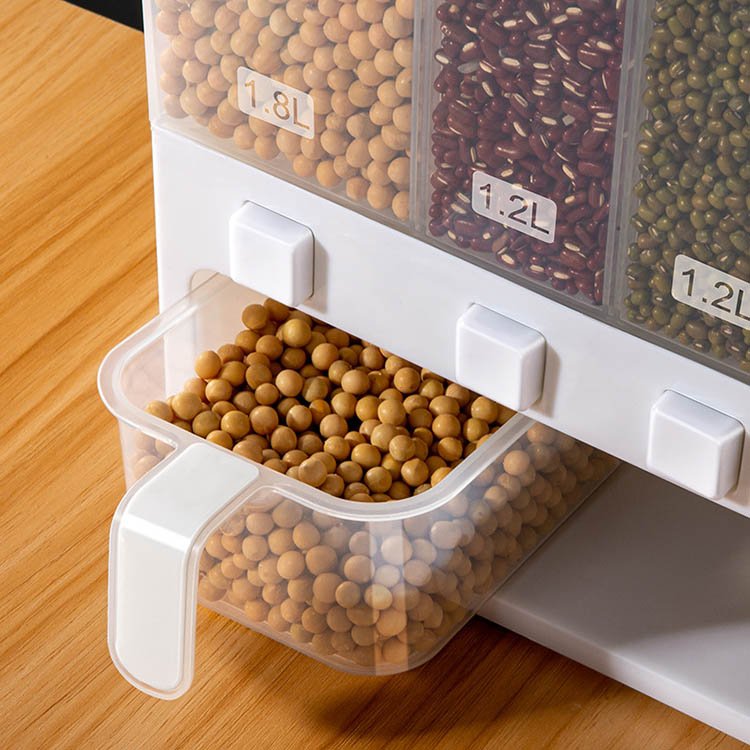 Kitchen 6-girds Dry Food Lentils Dispensers Containers Multipurpose Sealed Grain Rice Dispenser Cereal Bucket Storage Box