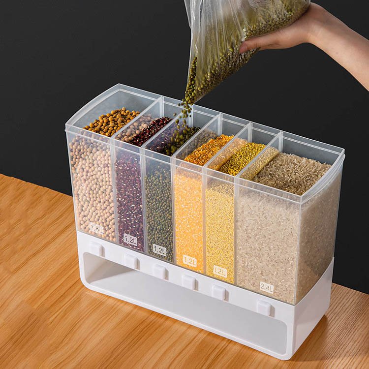 Kitchen 6-girds Dry Food Lentils Dispensers Containers Multipurpose Sealed Grain Rice Dispenser Cereal Bucket Storage Box