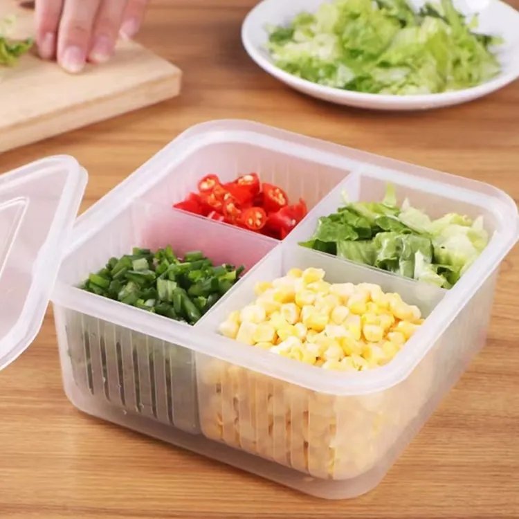 New Home Fruit Drain Storage Box Four Grid Refrigerator Preservation Box