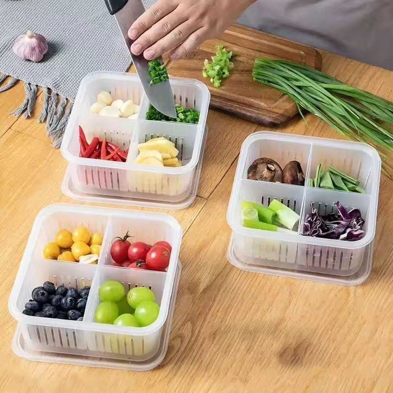 New Home Fruit Drain Storage Box Four Grid Refrigerator Preservation Box