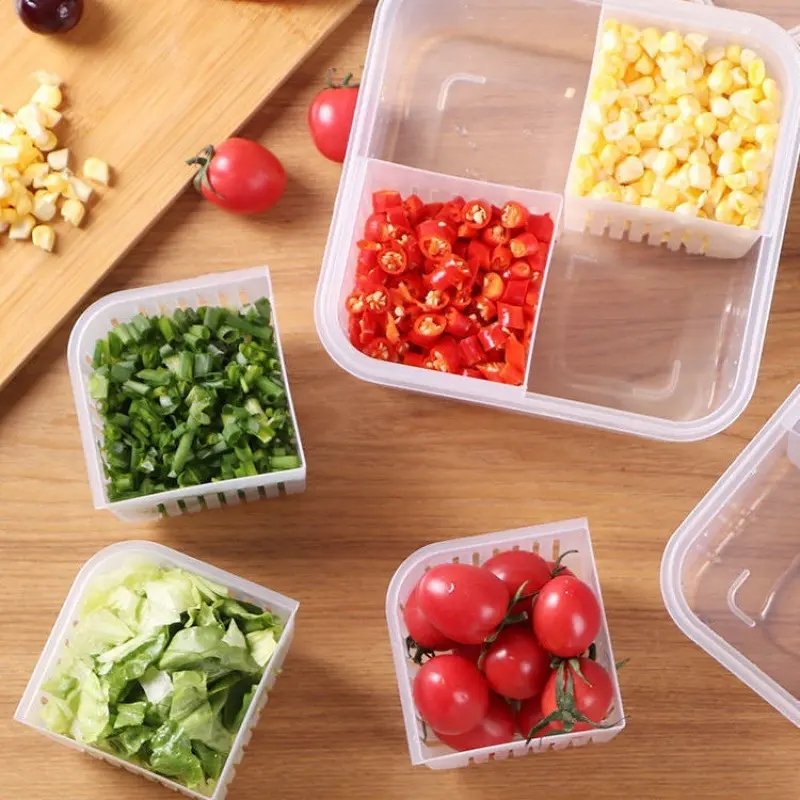 New Home Fruit Drain Storage Box Four Grid Refrigerator Preservation Box