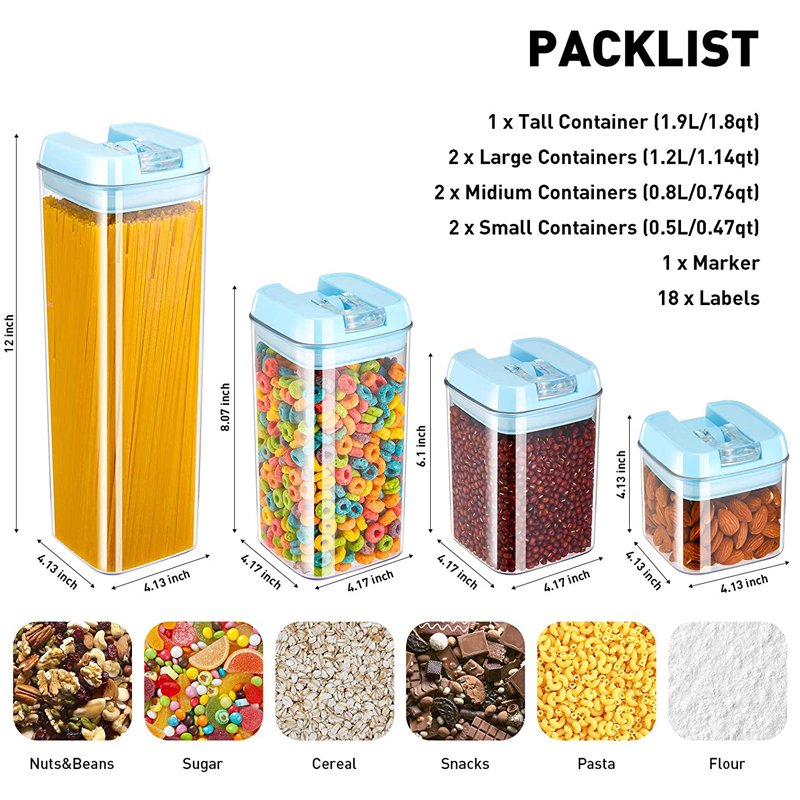 New style Pantry organization storage set 7pcs airtight food storage container set blue lid Plastic food container set