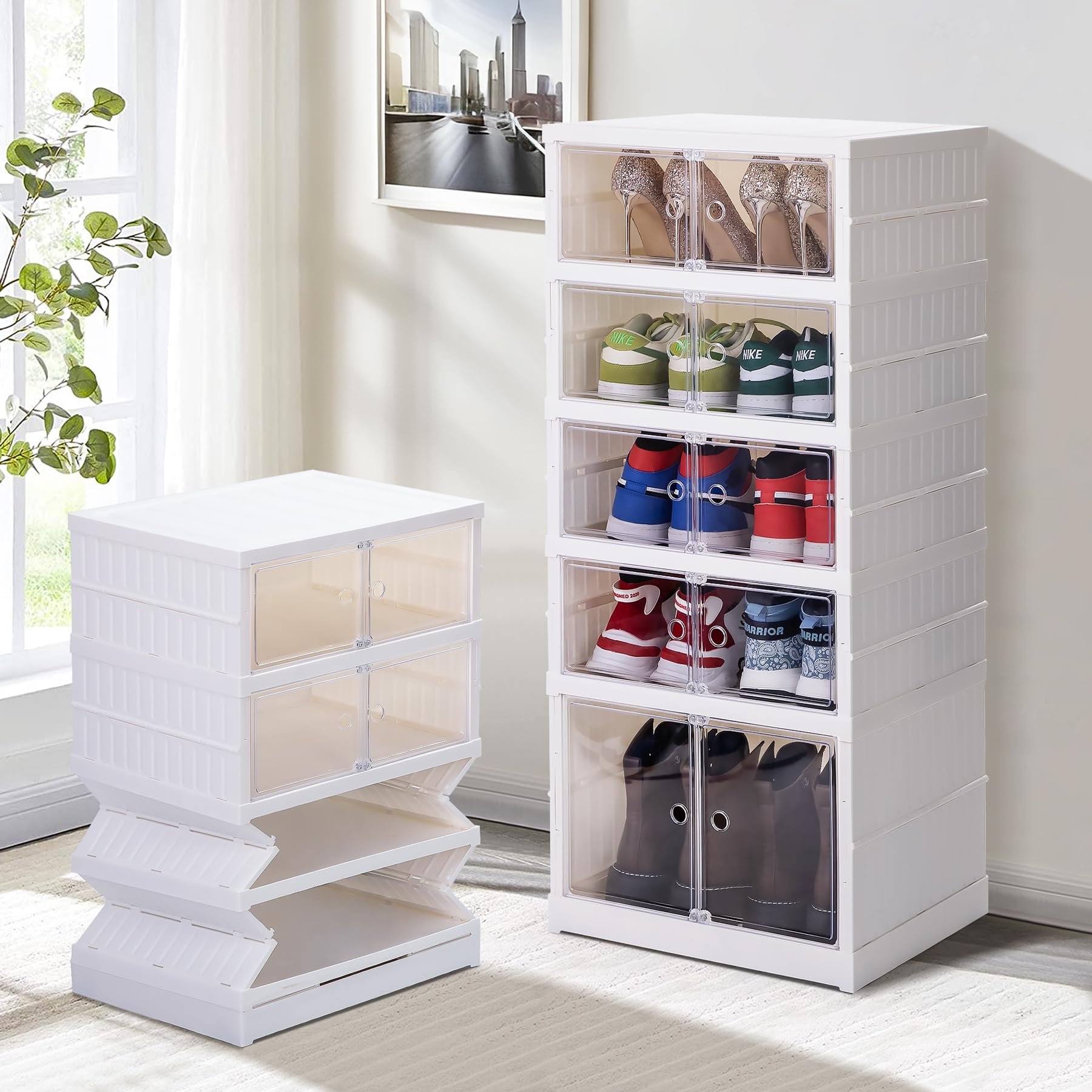 Plastic Stackable Drawer Bins Containers for Sneaker Display Organizer Cabinet Foldable 3, 6, 9 Layers Shoe Storage Box