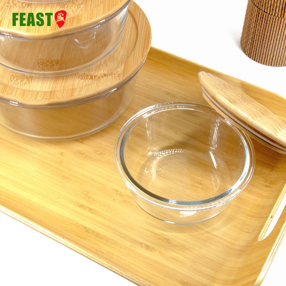 Wholesale Glass Food Storage Container Set With Airtight Leak-proof Bamboo Wood Lid For Oven Microwave