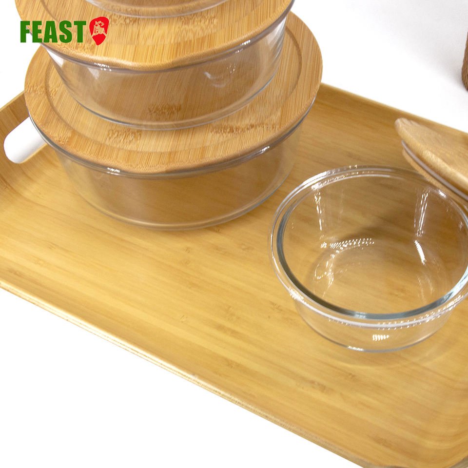 Wholesale Glass Food Storage Container Set With Airtight Leak-proof Bamboo Wood Lid For Oven Microwave