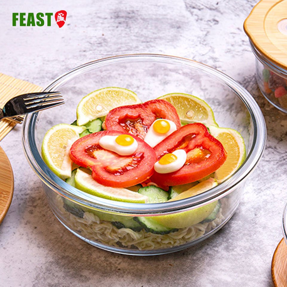 Wholesale Glass Food Storage Container Set With Airtight Leak-proof Bamboo Wood Lid For Oven Microwave